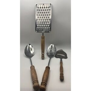 Vtg Ekco USA Stainless Steel Utensil Lot Of 4 Wood Handles Mismatched